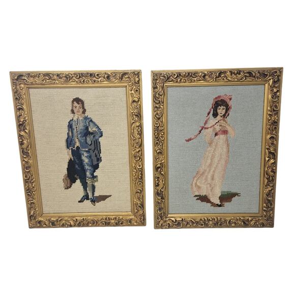 Vintage Handmade Needlepoint Boy Blue Pinkie Framed Rustic Classic Shabby Chic - Picture 1 of 4